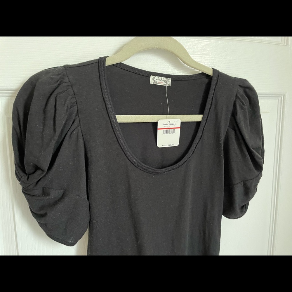 NWTO Free People Black, Cotton Bodysuit w/Puffed Sleeves